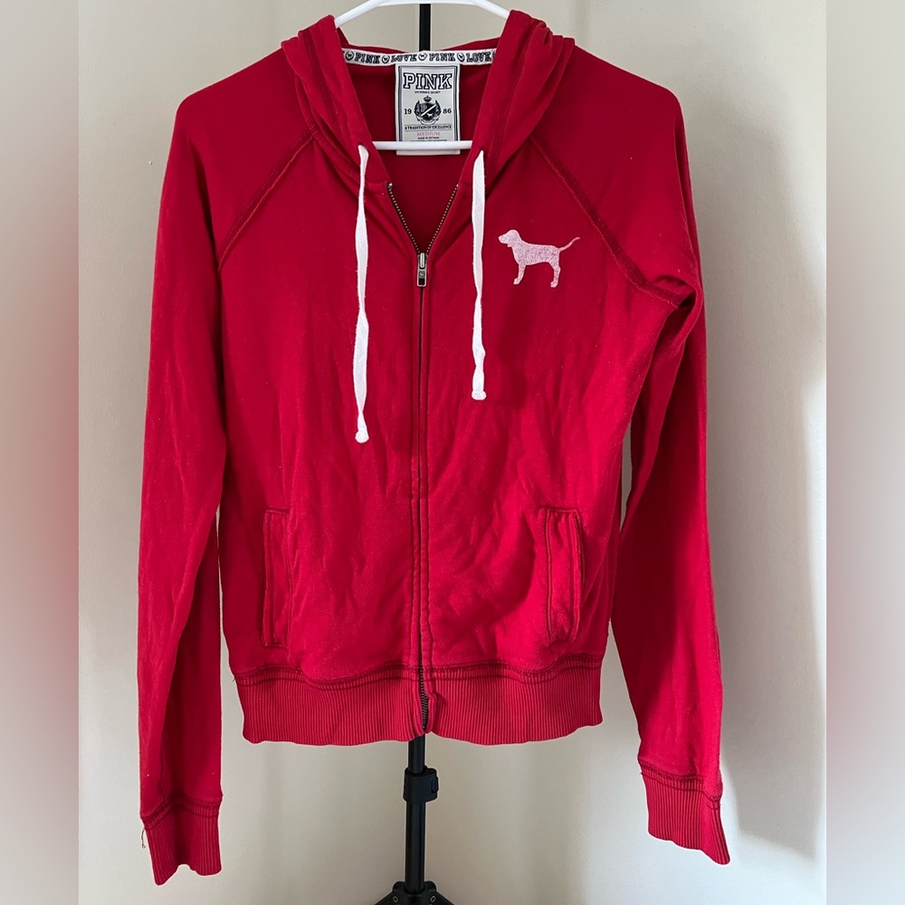 Early 2000s Y2K Victorias Secret PINK Red Full Hooded Zip Up Sweatshirt Size M